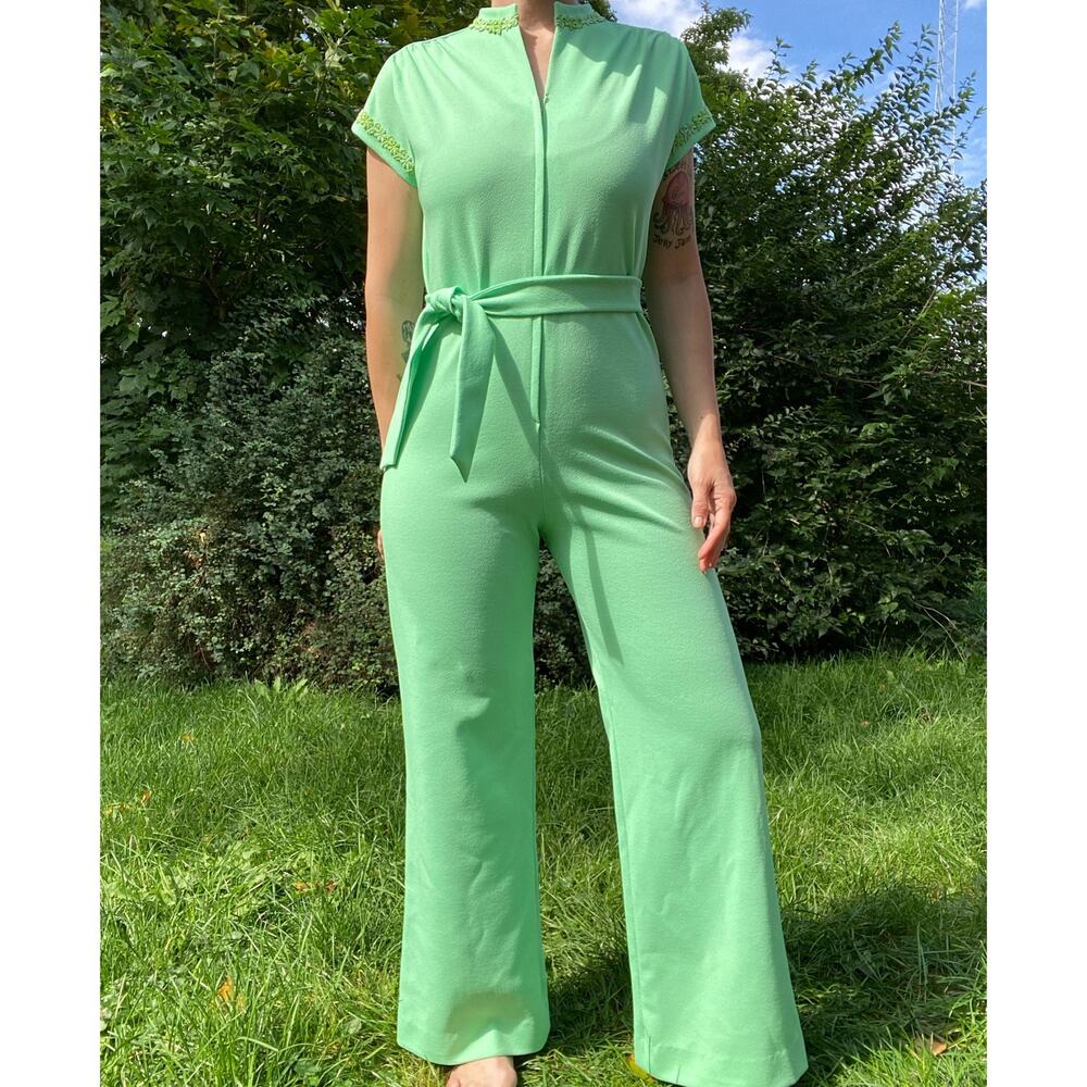 Size S-L//vintage 70s Green Polyester Wide Leg Jumpsuit